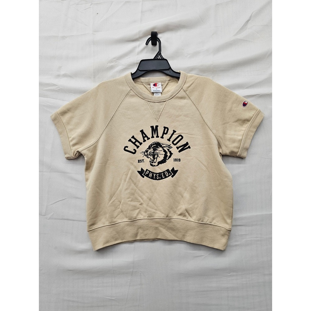 Champion Womens Short Sleeve Sweatshirt Tan Cotton Blend Casual Size Small